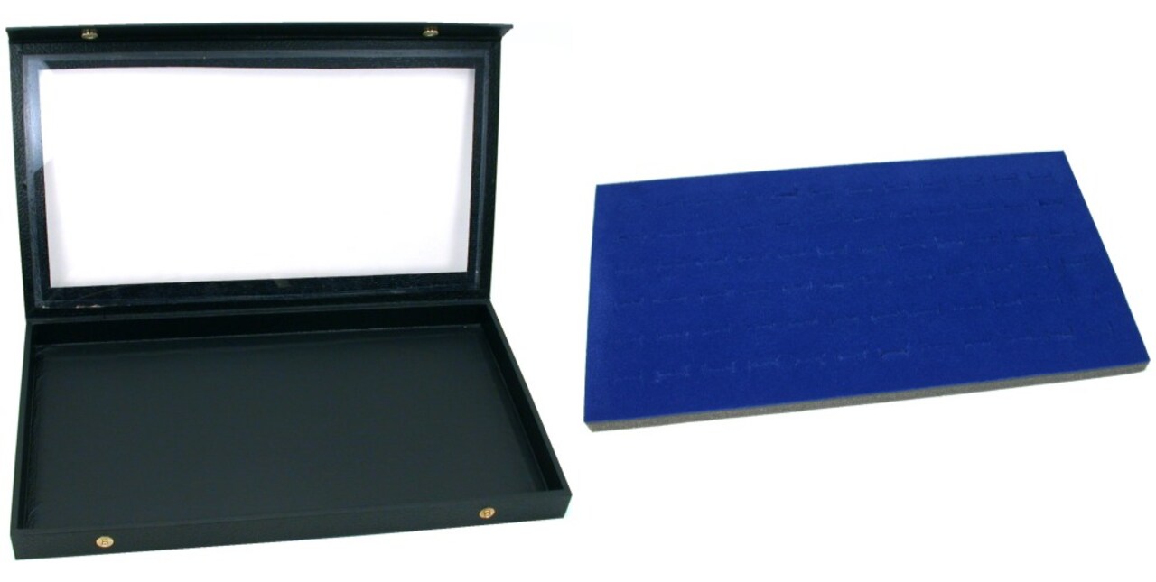 Black Glass Top Jewelry Case (Snap close lid) w/ Blue 72-slot Foam Display Pad